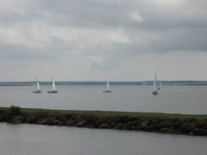 Sailboats in the harbour behind the pub